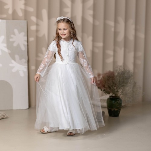 2-in-1 Communion Dress – Silk Gown with Lace Overlay - CLAIRE 