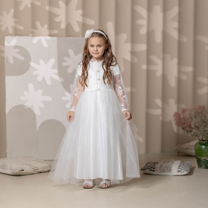 2-in-1 First Communion Dress – Silk & Lace Overlay | Ivory