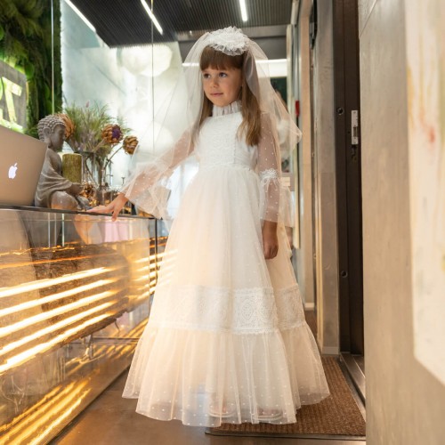 Designer Communion Dress in Ivory with Long Sleeve - LINDA 