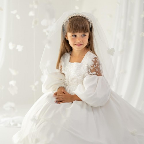Silk First Communion Dress - Ivory Long Sleeve - ALORA 