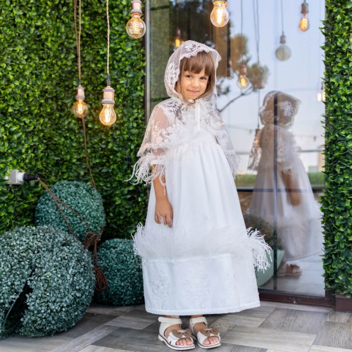 Luxury Communion Dress - With Lace and Boa - PRISCILLA