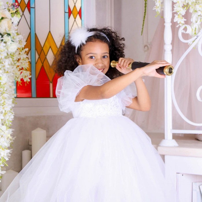 Flower Girl Dress with Lace Top & Tulle Skirt – Custom Wedding Dress for Girls in White or Ivory