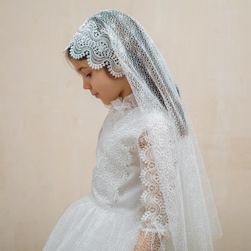 Lace Communion Veil – Macramé Trim, Ivory Color - AMELIA