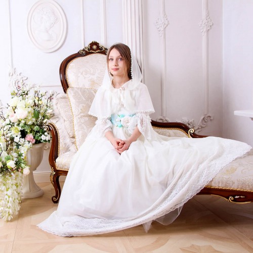 First Communion Dress - White or Ivory with Floral belt - ARIEL