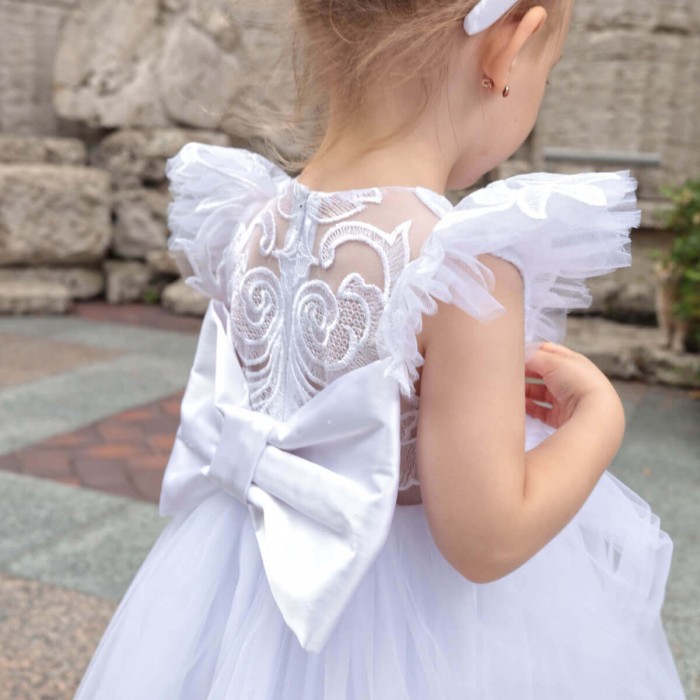 Flower Girl Dress with Lace Top, Detachable Train & Headband – Custom in White or Ivory