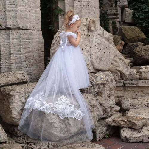 Flower Girl Dress with Lace Top, Train and Headband - CECILIA