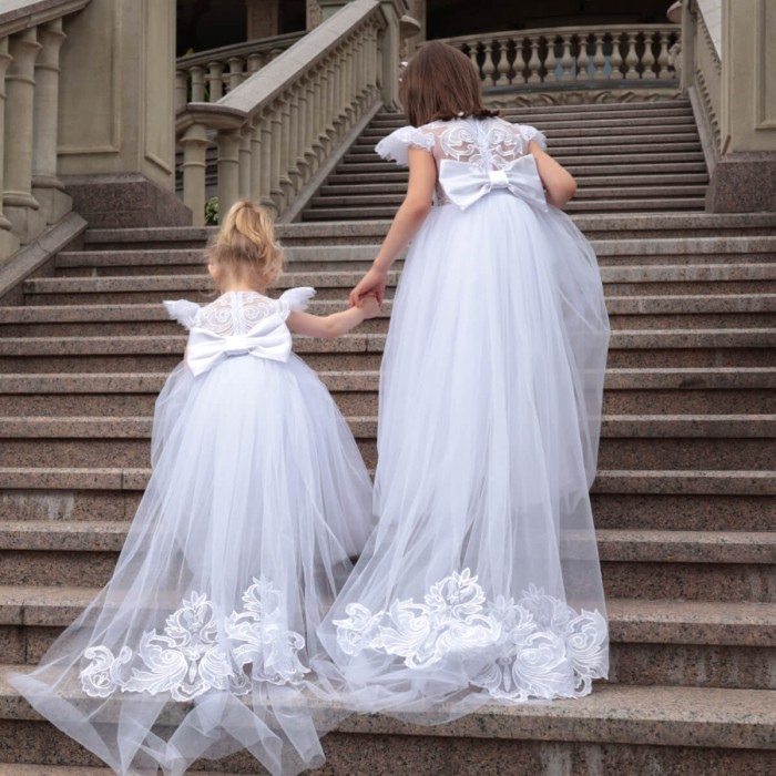 Flower Girl Dress with Lace Top, Detachable Train & Headband – Custom in White or Ivory