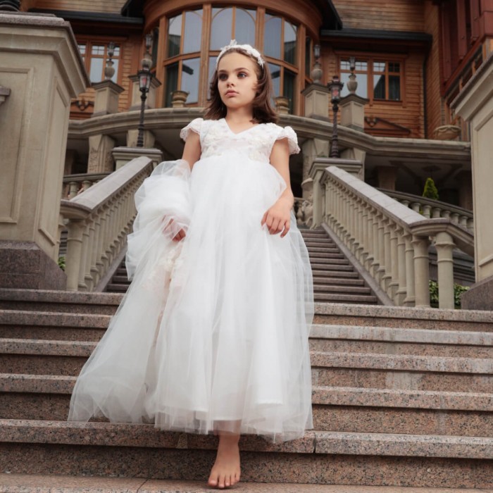 Light Ivory Dress with 3D Flowers, Detachable Tulle Bow & Headband