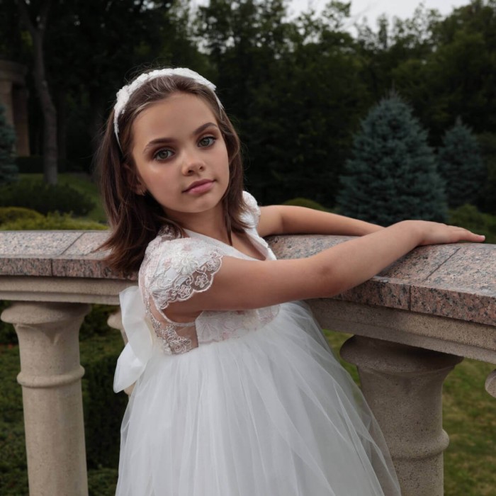 Light Ivory Dress with 3D Flowers, Detachable Tulle Bow & Headband