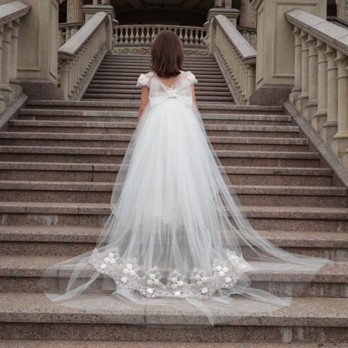 Light Ivory Dress with 3D Flowers, Detachable Tulle Bow & Headband