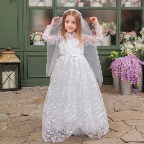 First Communion Dress - White Lace Long sleeve - HARPER