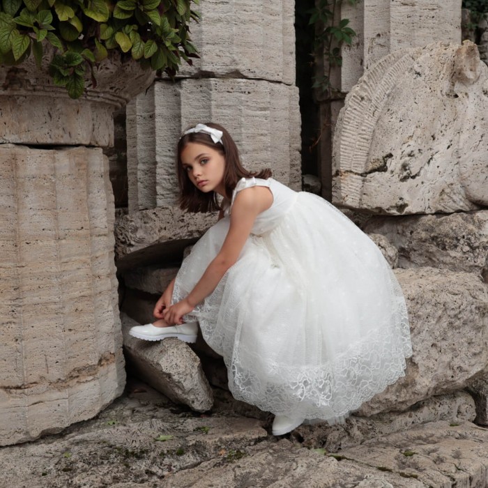 Ivory Cotton Flower Girl Dress with Tulle Skirt, Lace & Satin Bows