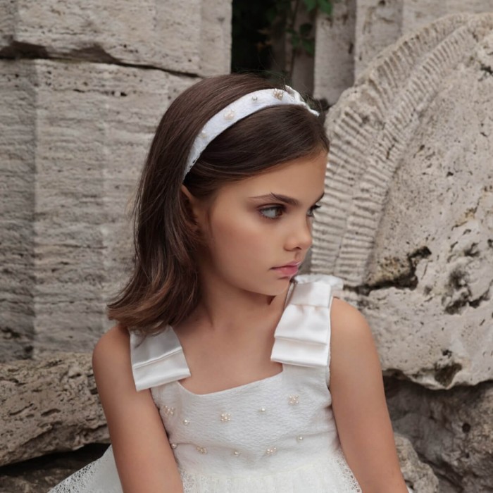 Ivory Cotton Flower Girl Dress with Tulle Skirt, Lace & Satin Bows