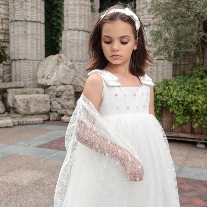 Ivory Cotton Flower Girl Dress with Tulle Skirt, Lace & Satin Bows