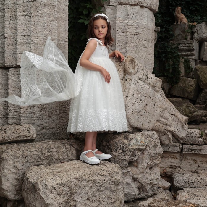 Ivory Cotton Flower Girl Dress with Tulle Skirt, Lace & Satin Bows
