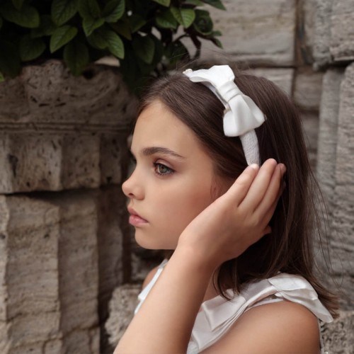 Ivory Lace Headband with Satin Bow & Pearls - SAMANTHA