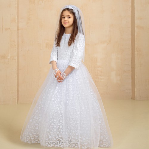  White Communion Dress with Headband Veil - NORAH 