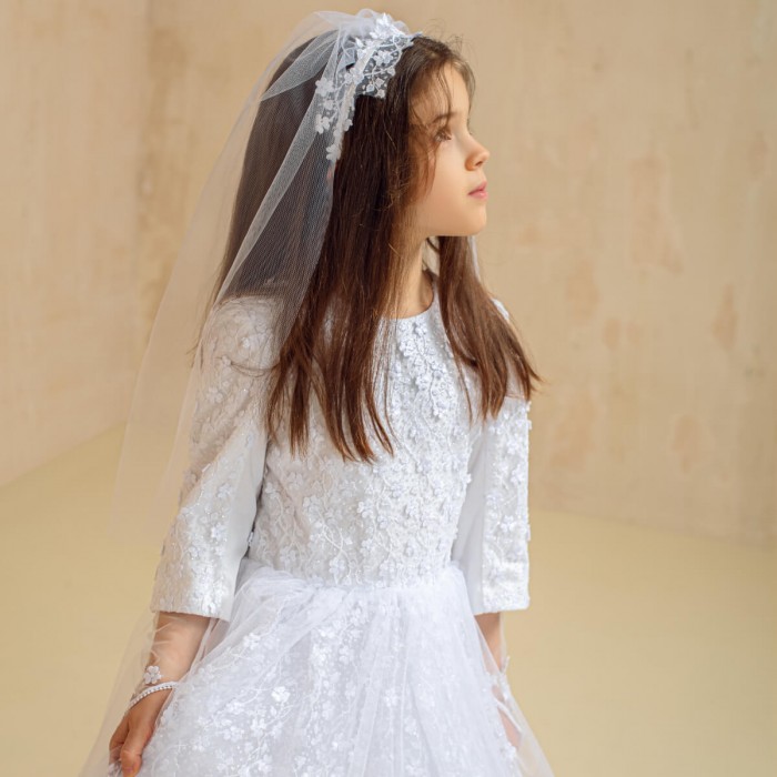  White Communion Dress with Headband Veil
