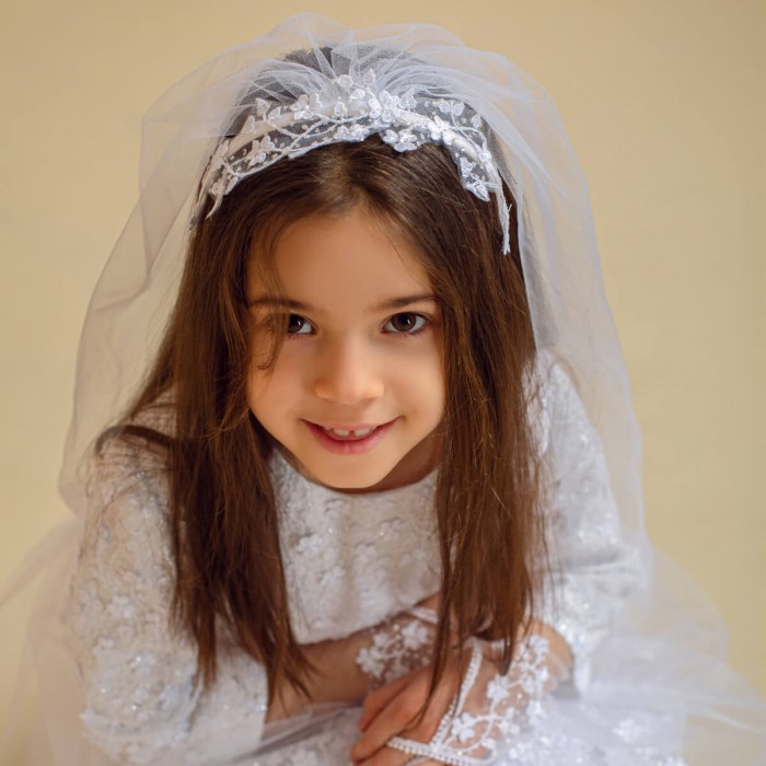  White Communion Dress with Headband Veil